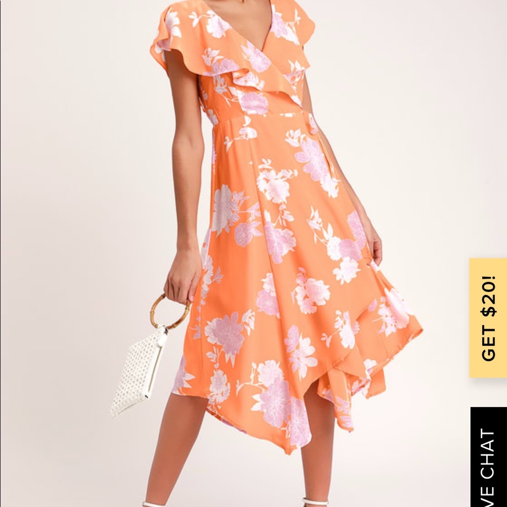 Lulus tangerine and lilac ruffled wrap dress